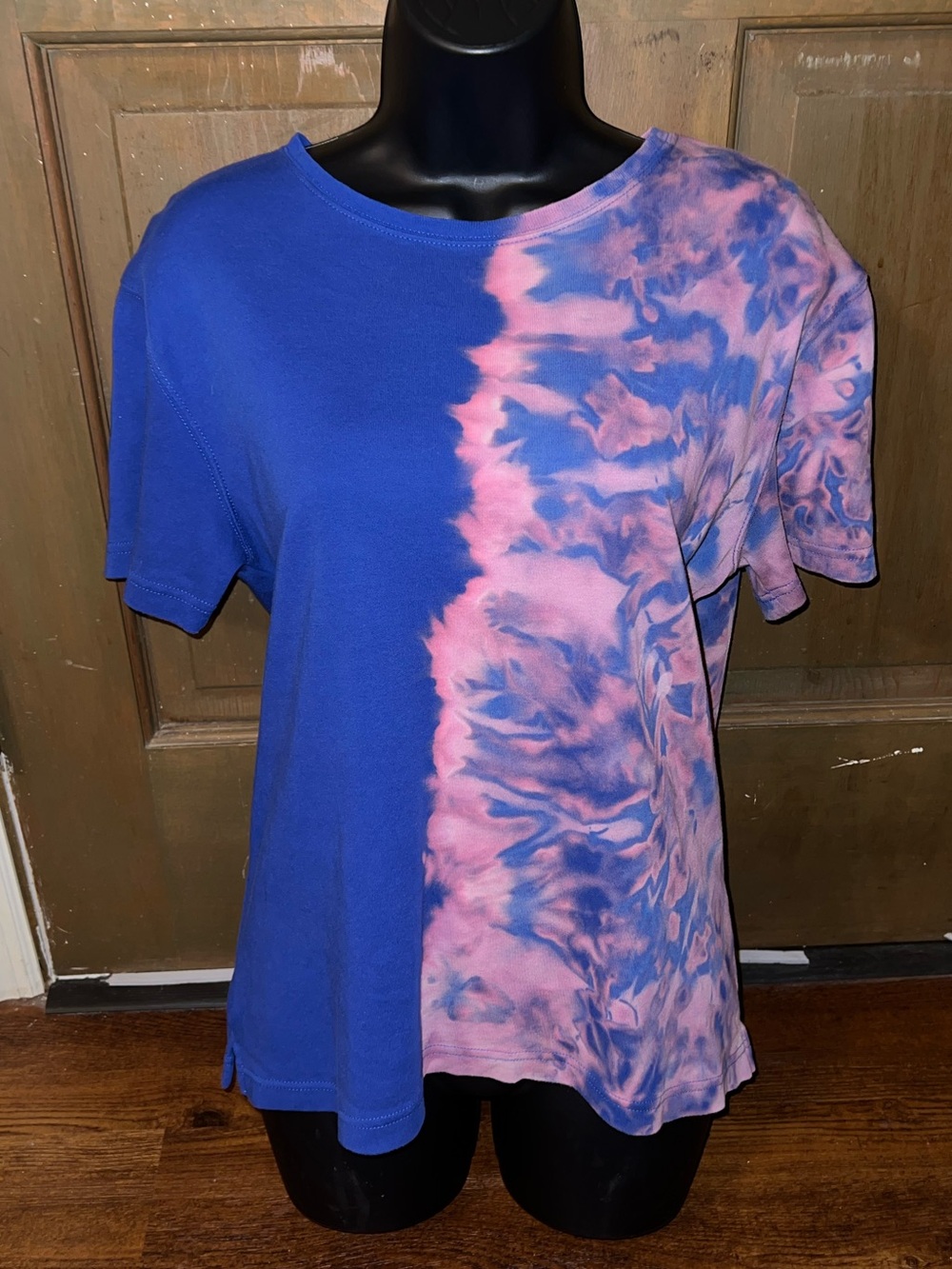 Blue Colorblock Custom Split Tie Dye Pink Retro Short Sleeve Shirt Size M